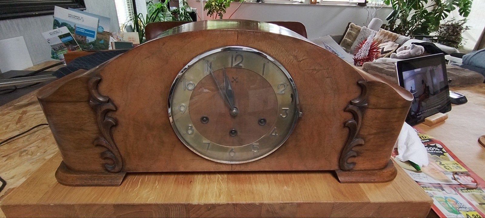 Antieke houten tafelklok met slinger en 3 tonige gong, Antiek en Kunst, Antiek | Klokken, Ophalen