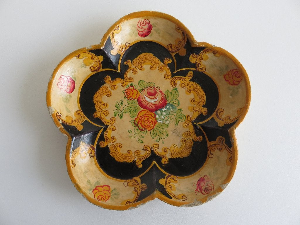 Antiek papier-maché schaaltje bordje handbeschilderd, Ophalen of Verzenden