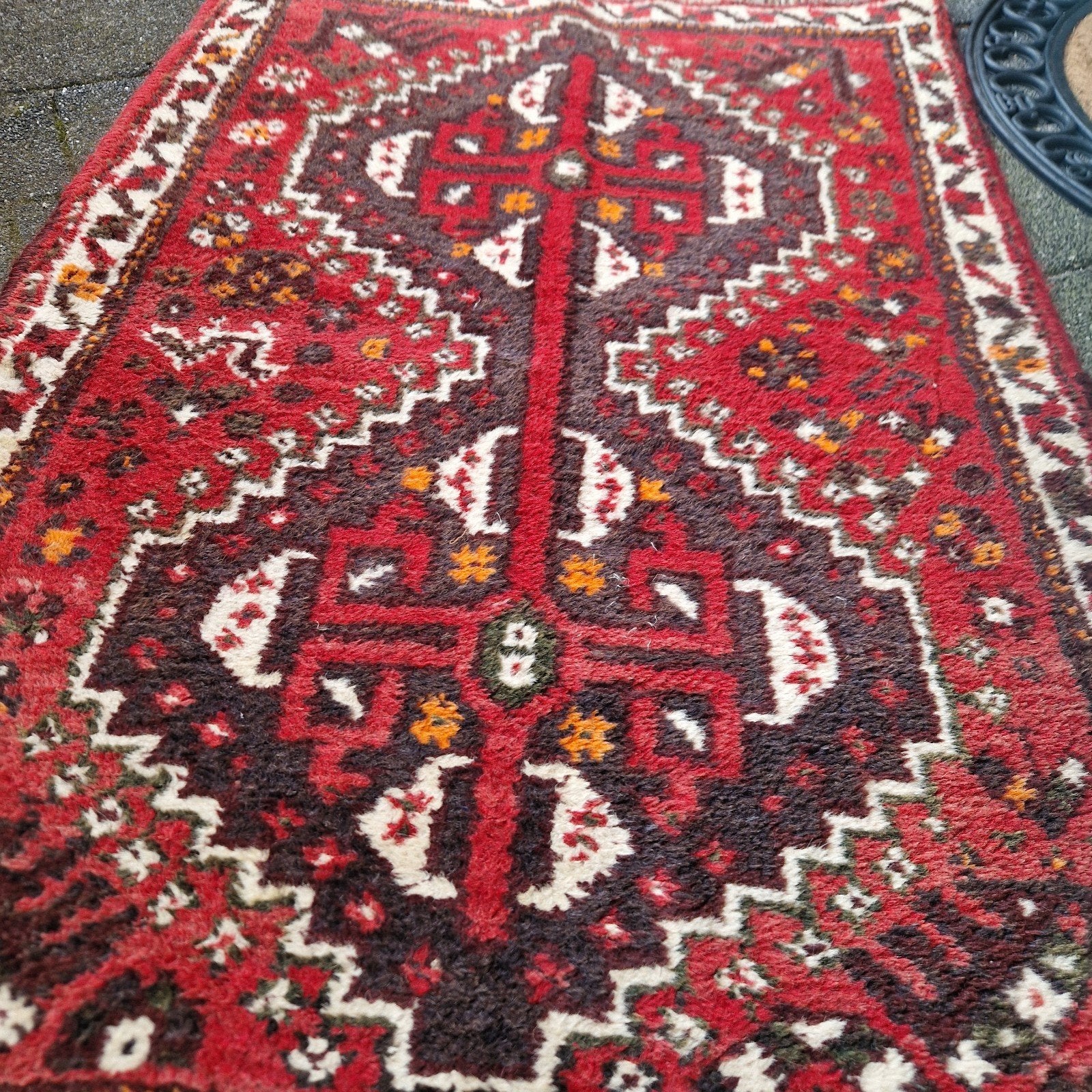 Vintage rood tapijt met traditioneel patroon (0.85 x 1.30m), Gebruikt, 100 tot 150 cm, Rechthoekig, 50 tot 100 cm