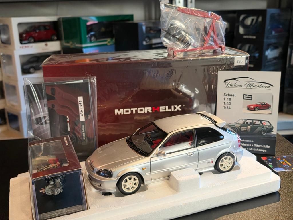 Honda Civic TypeR EK9 Silver - takel+Motor - 1:18 MotorHelix, Auto, Nieuw, Ophalen of Verzenden, MotorHelix