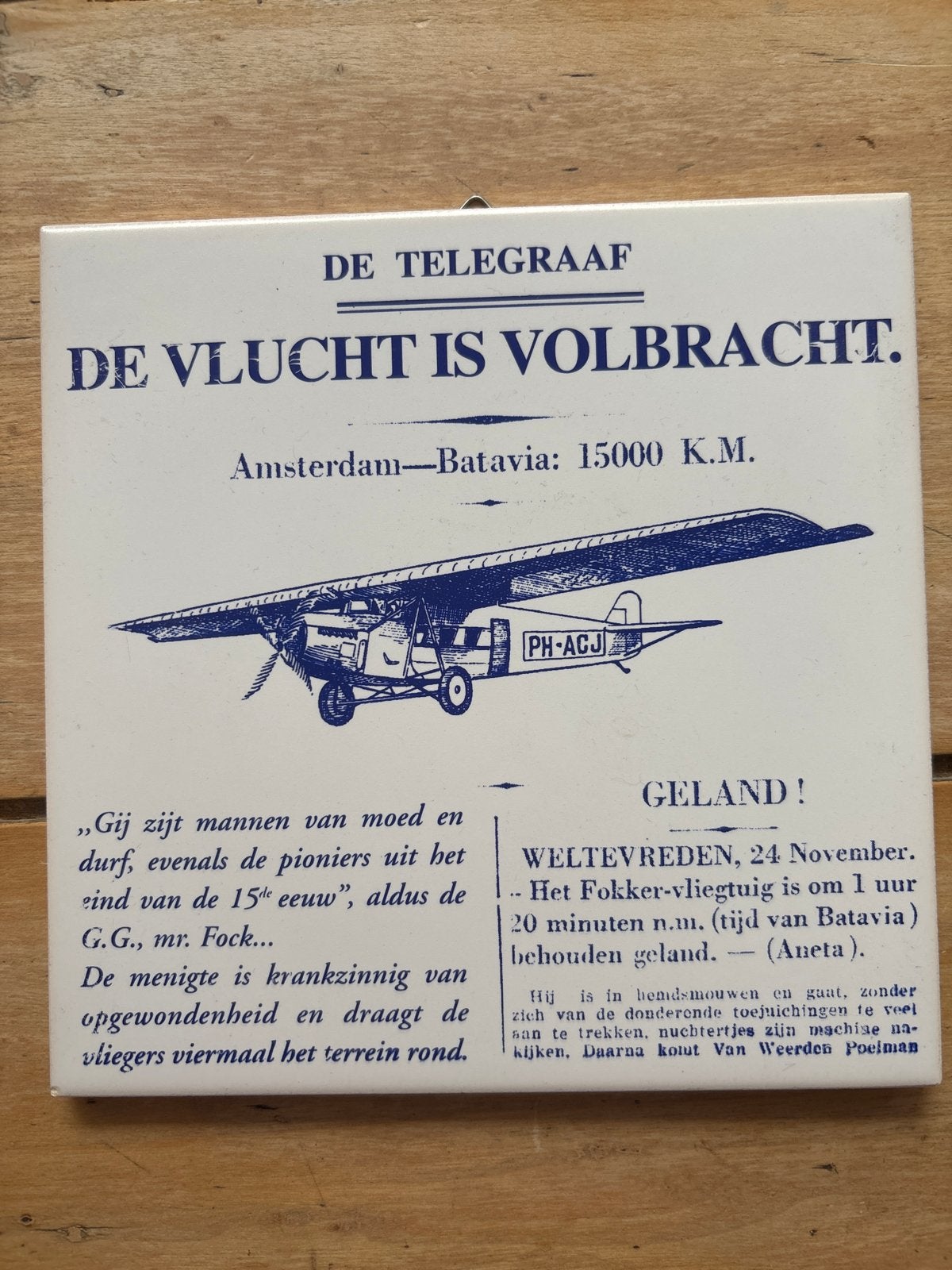 KLM tegeltje 'De Vlucht is Volbracht' Fokker-vliegtuig, Ophalen