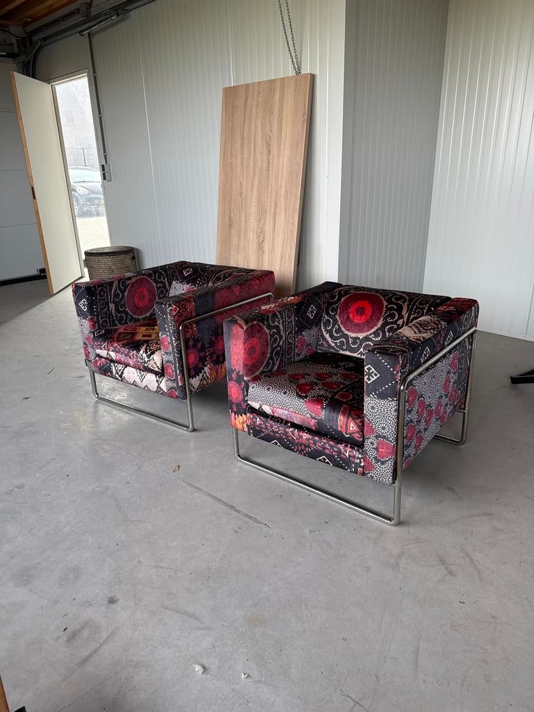 2 fauteuils in kleurrijk patchwork motief, Huis en Inrichting, Ophalen, Gebruikt, 75 tot 100 cm, Metaal