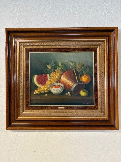 Koperen pot met vers fruit, Antiek en Kunst, Kunst | Schilderijen | Klassiek, Ophalen, Doek, Oud hollands, Bijzondere lijst