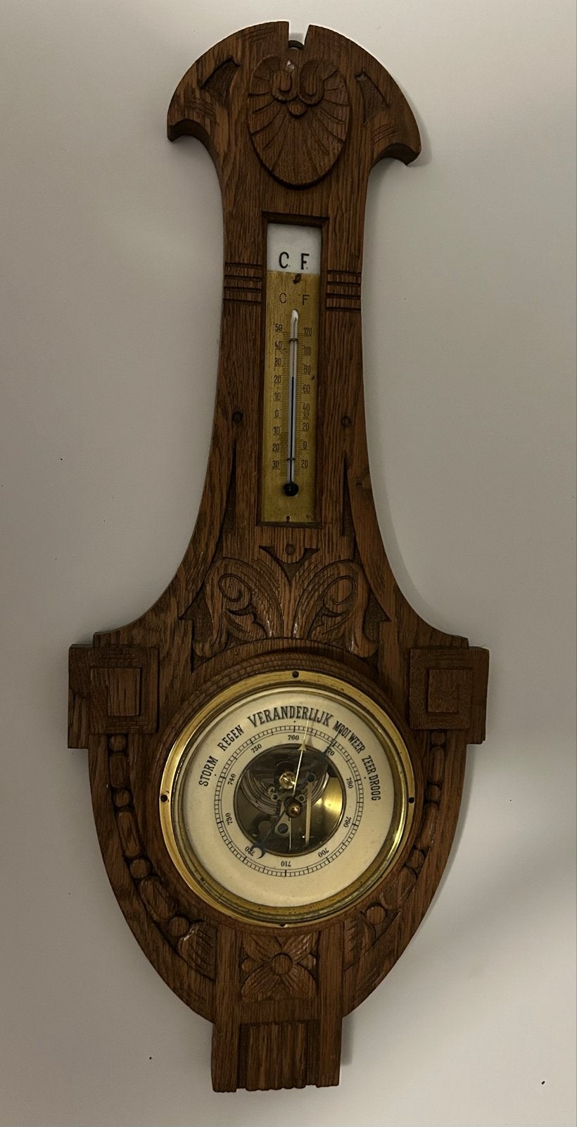 Antieke Barometer en Thermometer - Houtsnijwerk, Ophalen of Verzenden, Gebruikt, Weerstation
