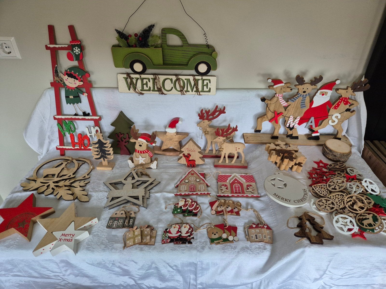 Houten kerstdecoratie, hert, kerstman, elf, boom, auto, ster, Ophalen of Verzenden, Zo goed als nieuw