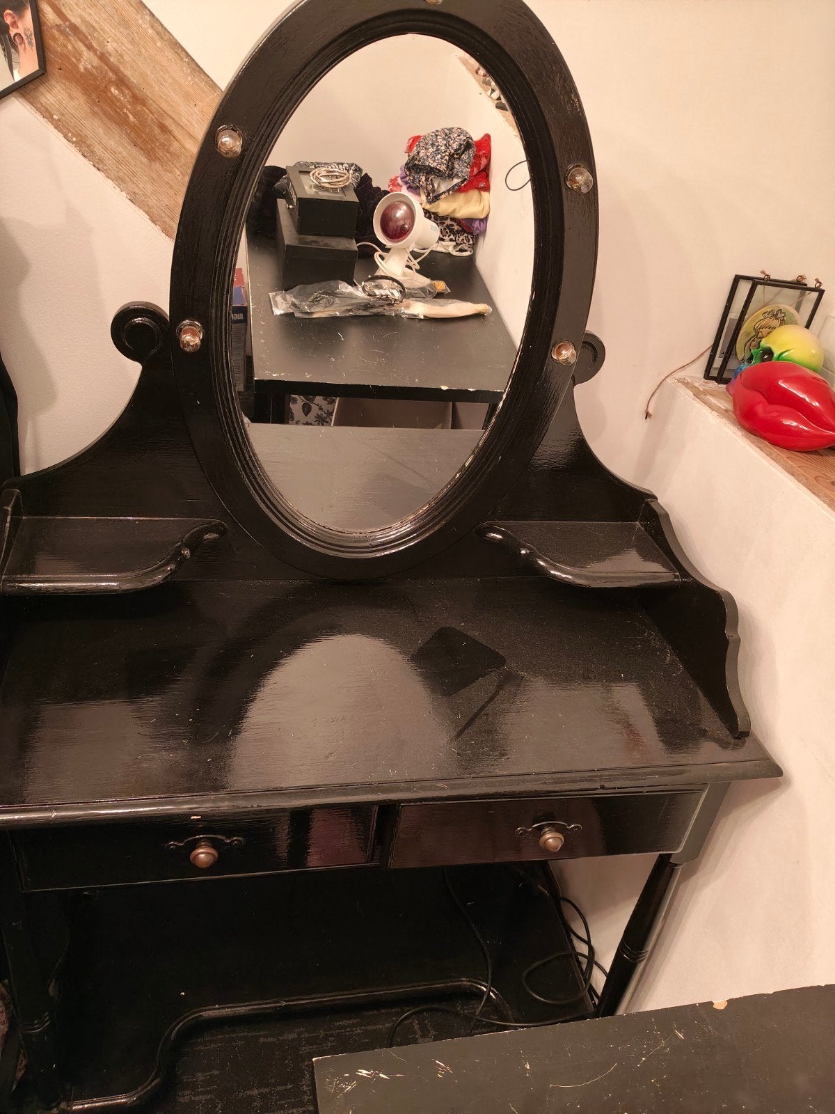 Zwarte kaptafel met spiegel en lampjes, Ophalen, Gebruikt, Hout