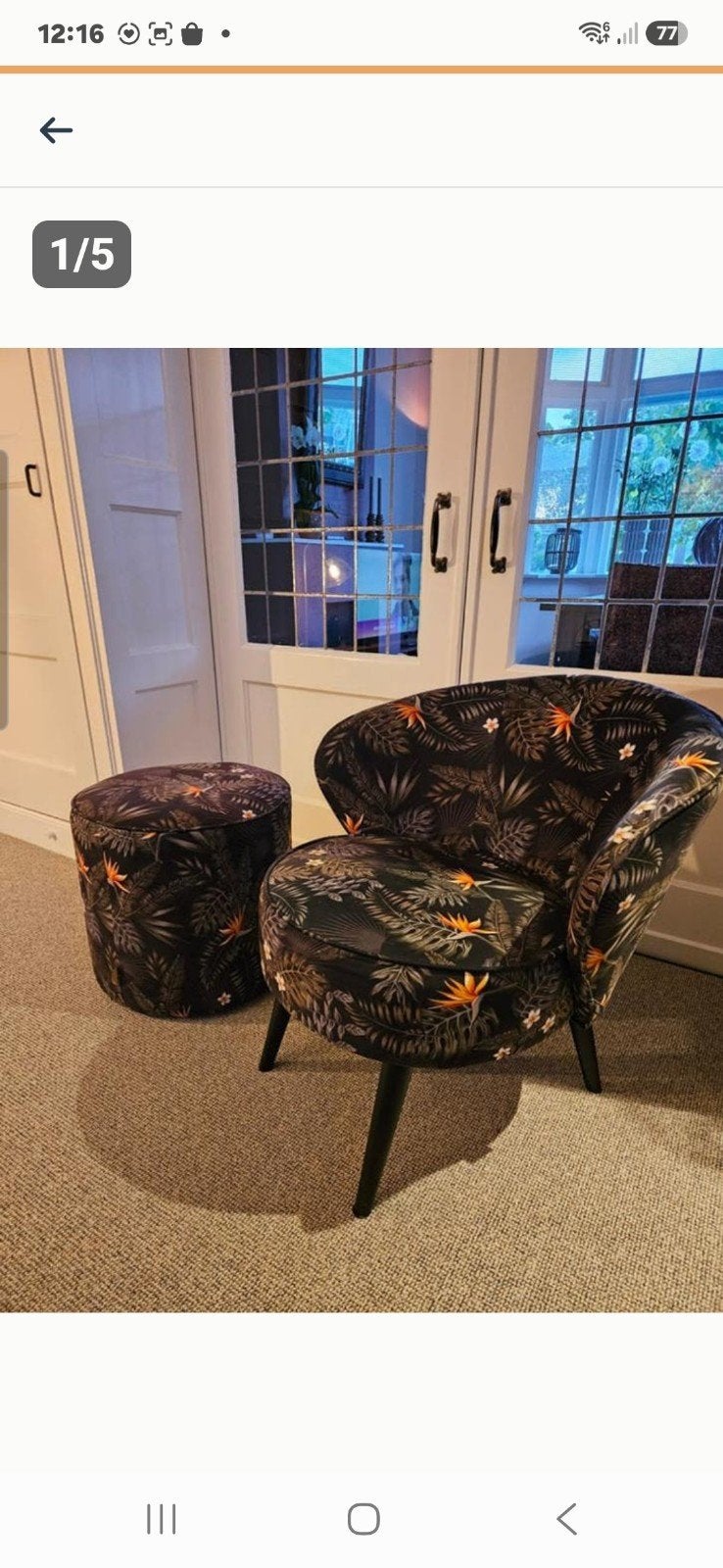 Wood fauteuil met hocker, Ophalen, Zo goed als nieuw, 75 tot 100 cm, 50 tot 75 cm