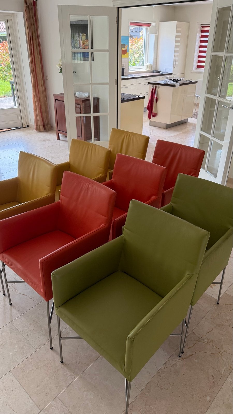 Set van 6 Movani lederen eetkamerstoelen, geel en oranje, Ophalen, Gebruikt, Overige kleuren, Leer