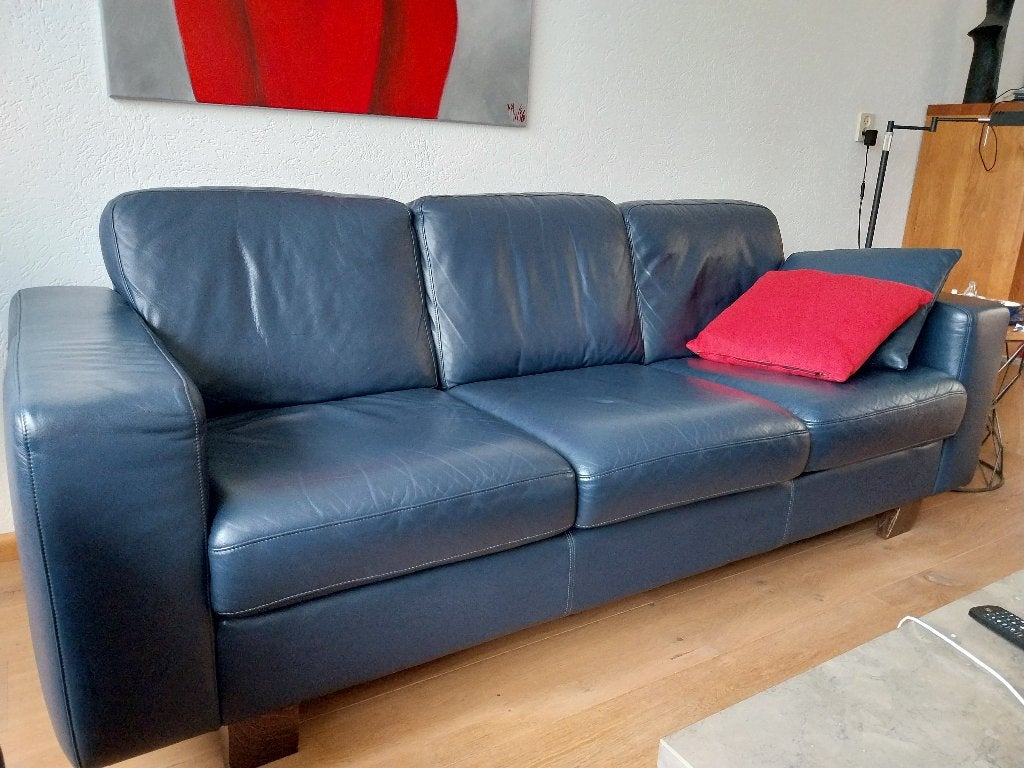 Leren bank kleur blauw, Gebruikt, 150 tot 200 cm, 75 tot 100 cm, Ophalen of Verzenden