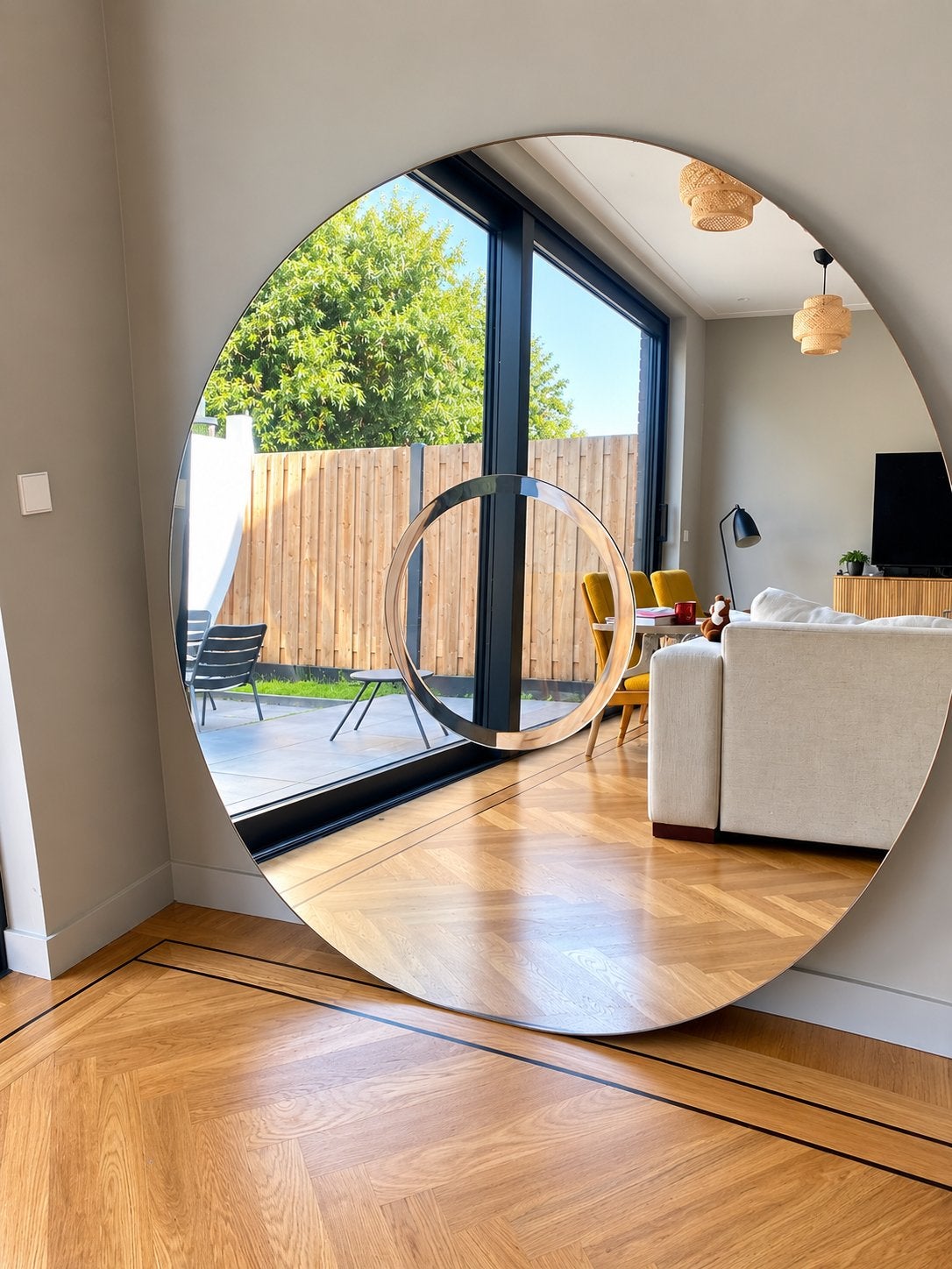 ENORME VINTAGE RONDE SPIEGEL 163CM - STATEMENT PIECE, Huis en Inrichting, Ophalen, Rond, 125 cm of meer, Zo goed als nieuw