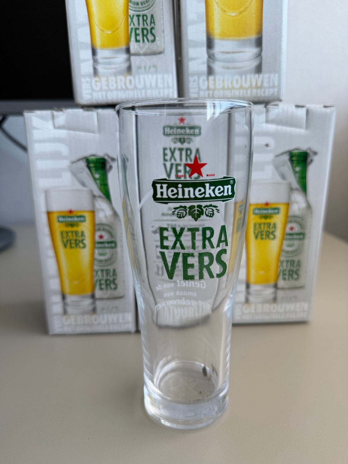 5x Heineken Extra Vers Bierglas incl. orginele verpakking, Ophalen of Verzenden, Zo goed als nieuw, Glas of Glazen, Heineken