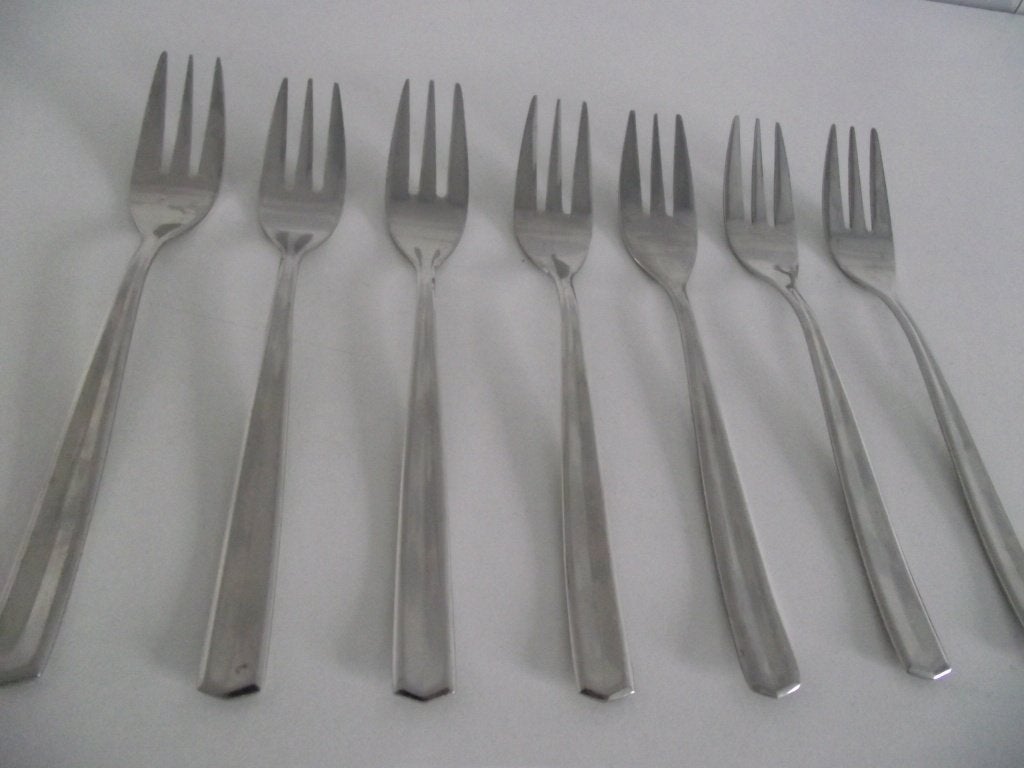 7 vintage dessert taartvorkje 15 cm facet RVS 18-8 1960 p s, Ophalen of Verzenden