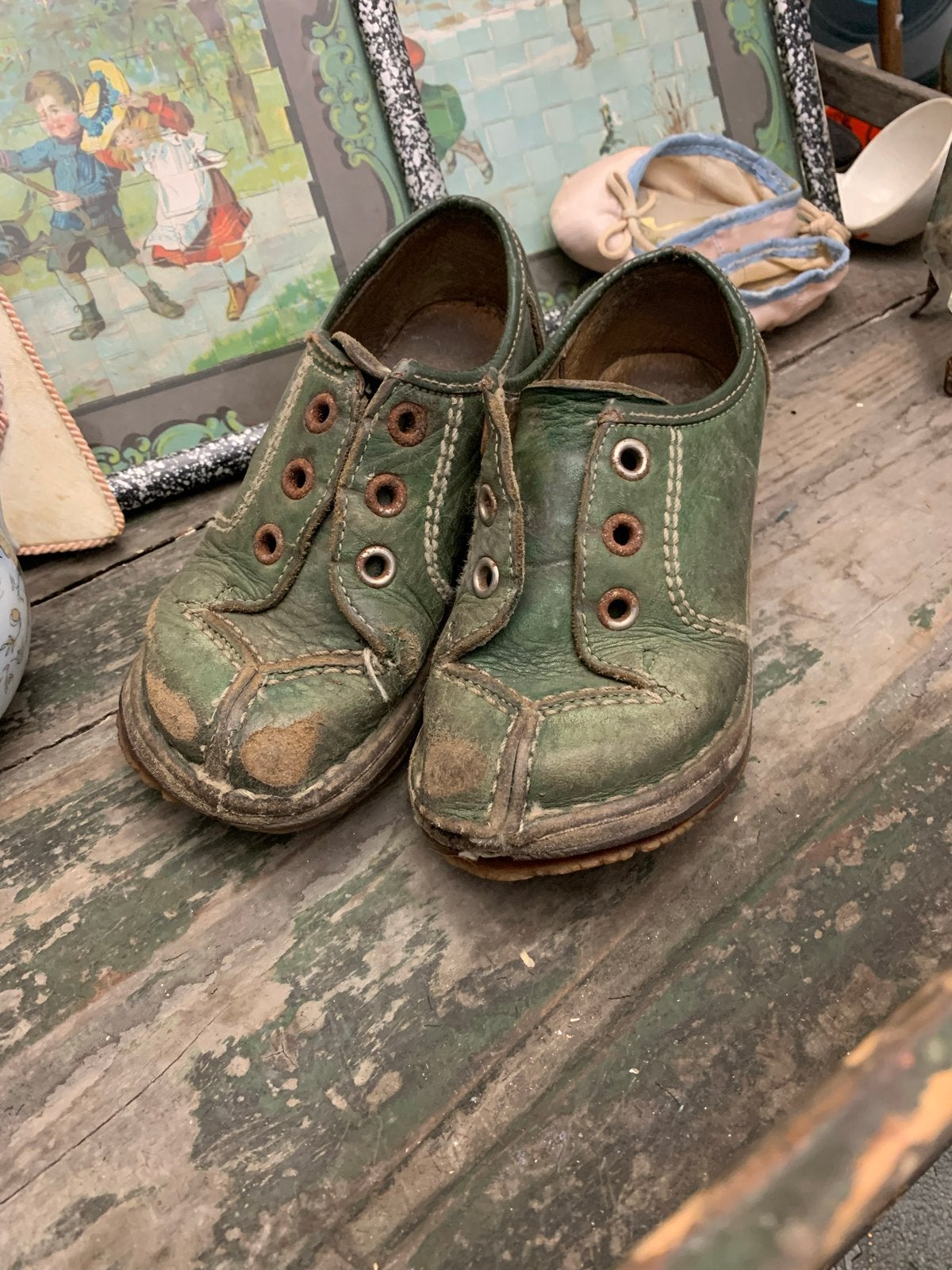 Vintage groene kinderschoentjes - decoratie, Ophalen of Verzenden