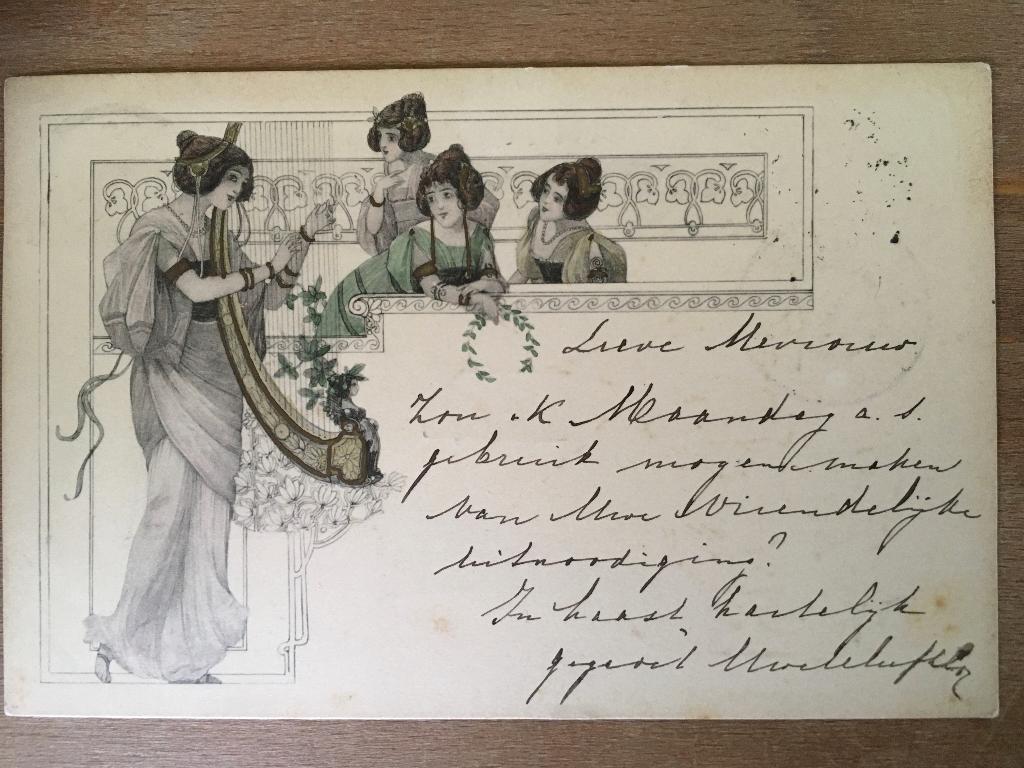 Vienne jugendstil harpconcert 4 dames, Verzenden, Voor 1920, Gelopen, Cultuur en Media
