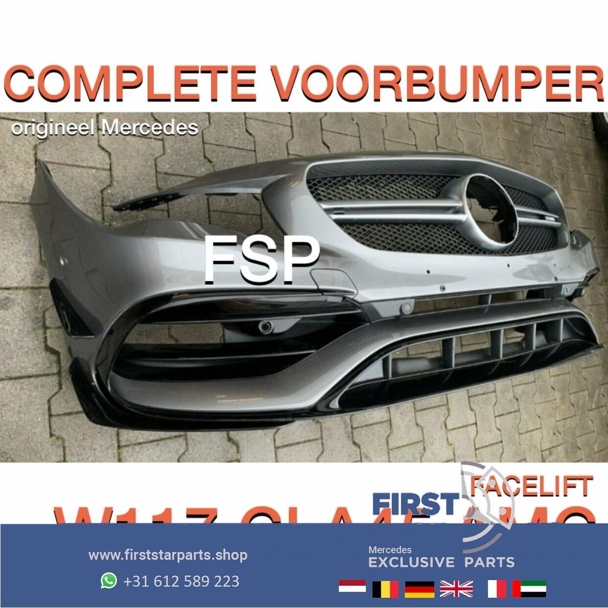 W117 CLA 45 FACELIFT AMG VOORBUMPER GRIJS COMPLEET + AMG GRI, Gebruikt, -, Voor, Ophalen of Verzenden