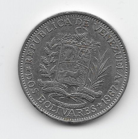 Venezuela 2 bolívares 1967 Y# 43, Verzenden, Zuid-Amerika, Losse munt