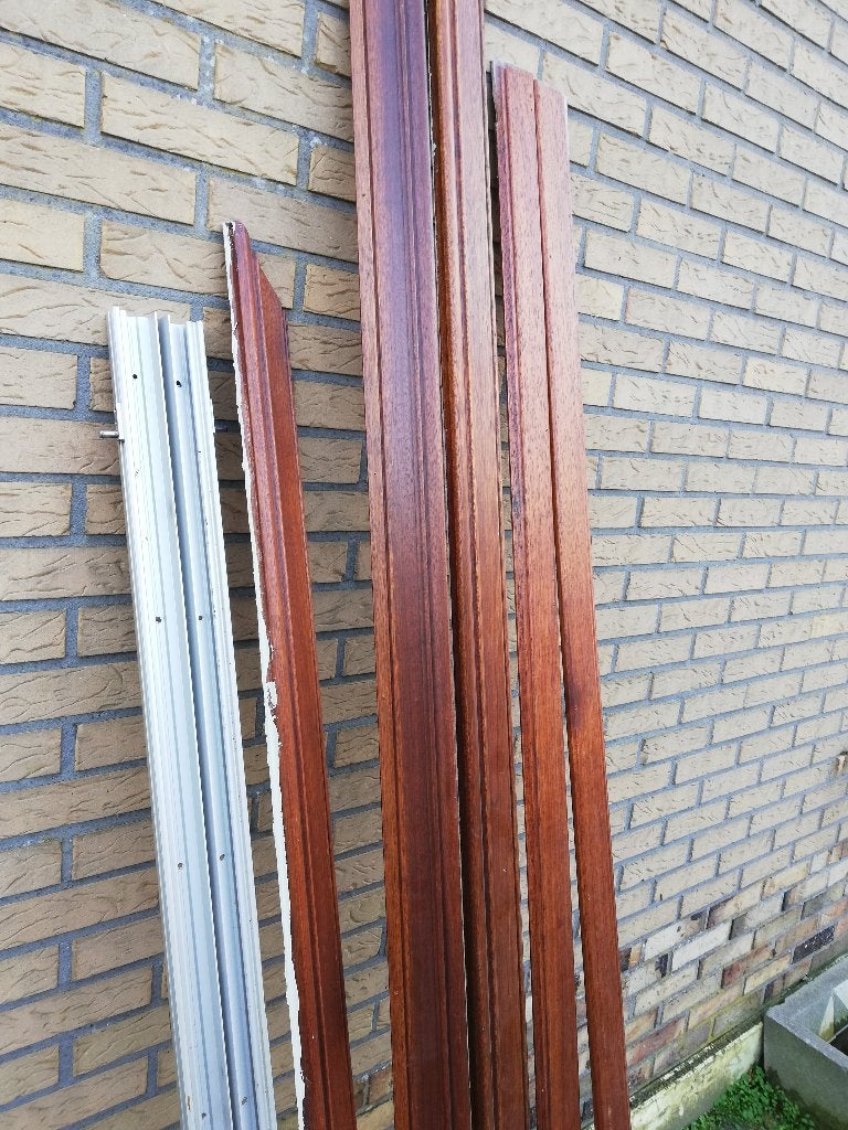 Merantie schuifdeuren incl rails en architraven 218x186br, Ophalen, Binnendeur, Zo goed als nieuw, Schuifdeur