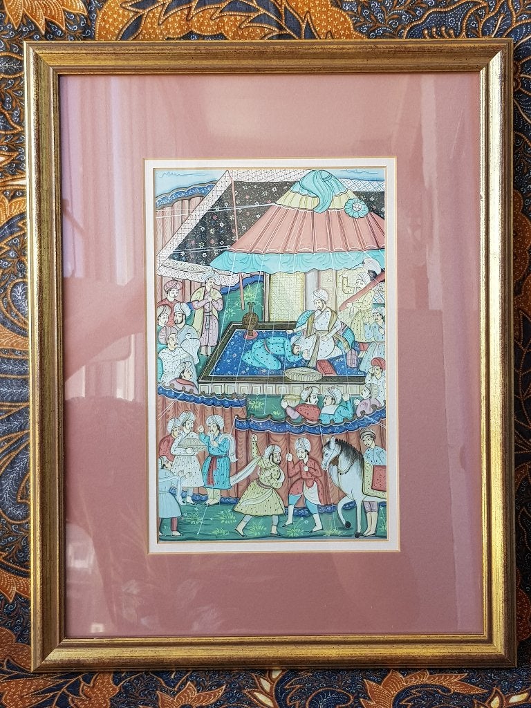 Mooie originele oude Oosterse aquarel op zijde 39,5 cm.