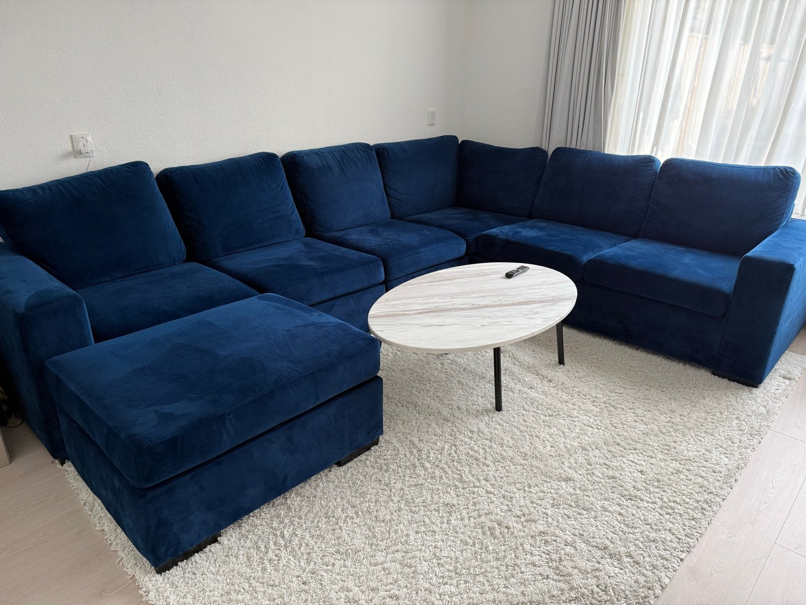 Grote donkerblauwe hoekbank met chaise longue, Ophalen, Zo goed als nieuw, Stof