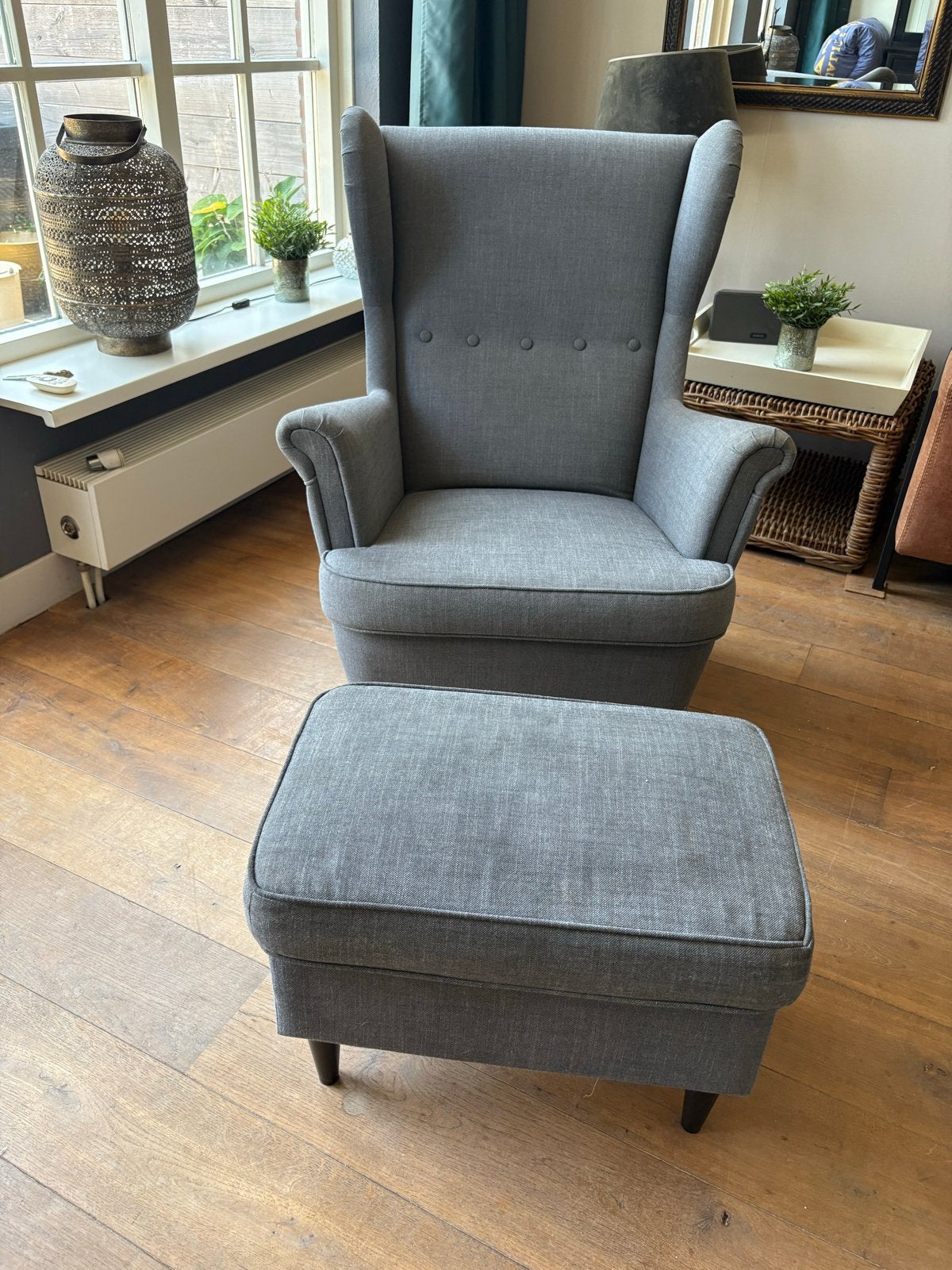 Grijze fauteuil met voetenbank -ikea, Gebruikt, 75 tot 100 cm, Ophalen of Verzenden, Stof
