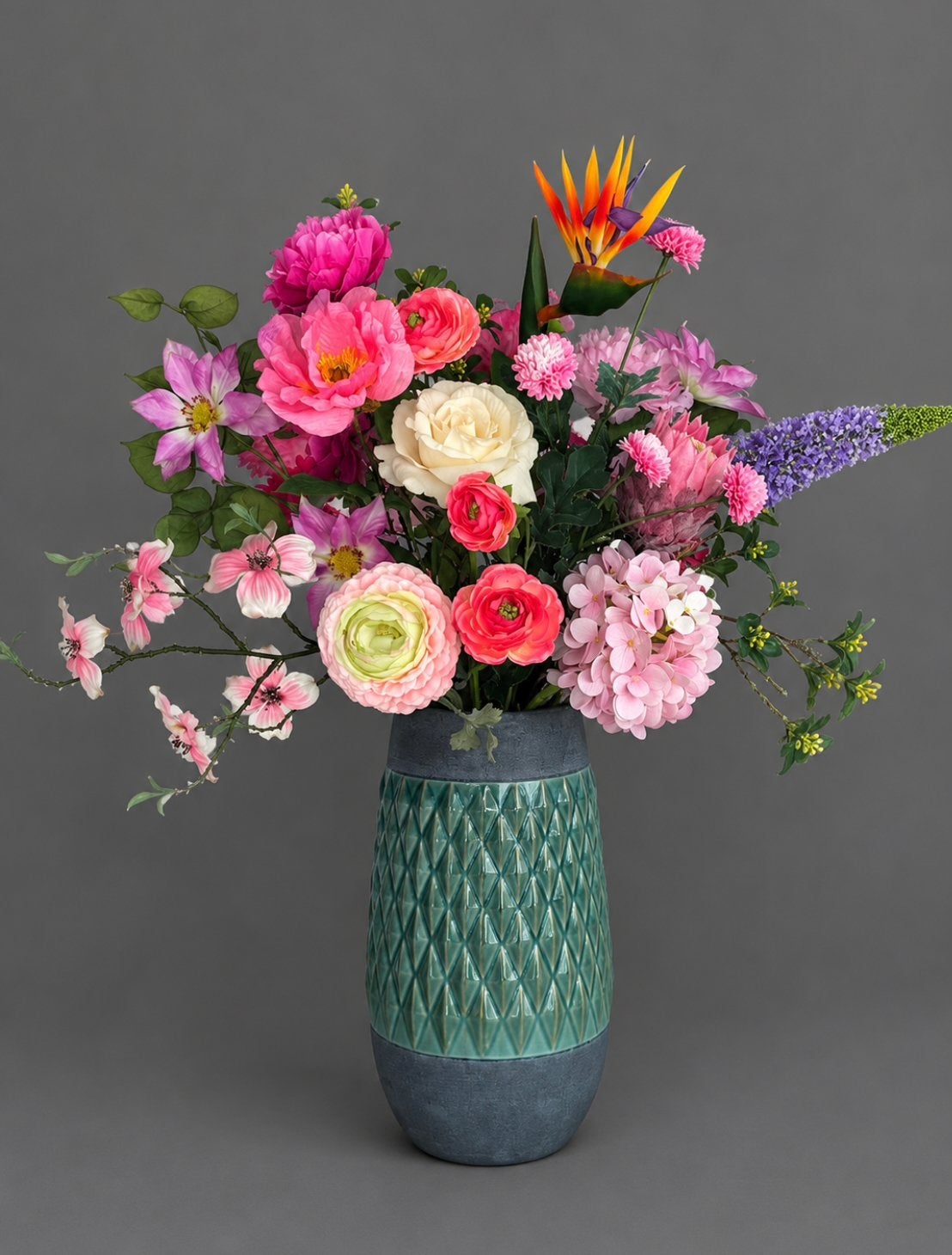 Boeket zijden bloemen met vaas, Ophalen, Zo goed als nieuw