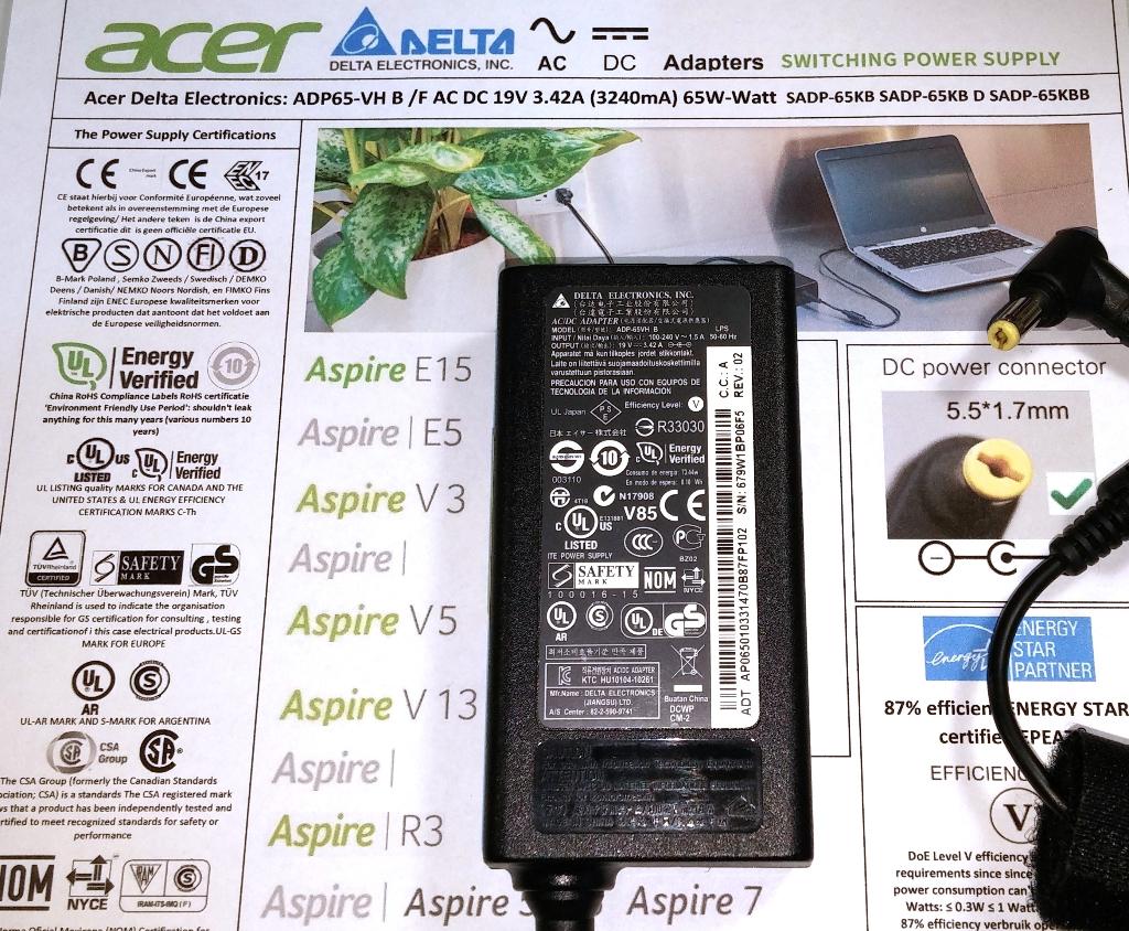 Acer Delta ADP-65VH B Aspire 19V 3.42A 65W Adapter Oplader, Computers en Software, Ophalen of Verzenden, Zo goed als nieuw, Acer