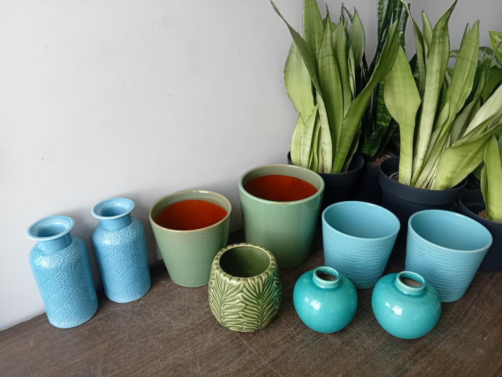 Blauw/groene keramieken potten en vazen, vanaf 3euro, Tuin en Terras, Bloempotten, Ophalen, Rond, Aardewerk, Minder dan 40 cm