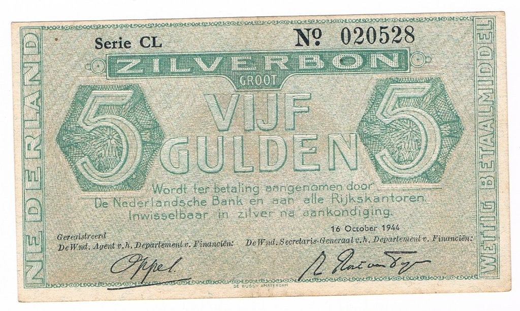 5 gulden zilverbon 16 oktober 1944, Verzenden, 5 gulden, Los biljet