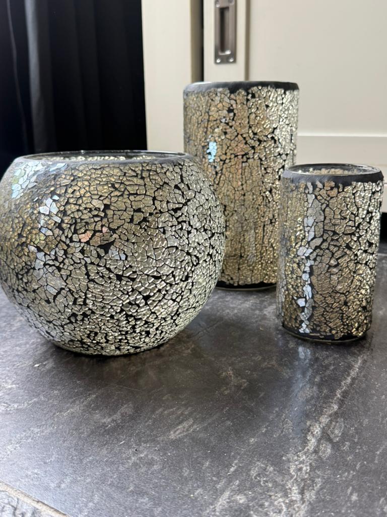 Set van 3 mozaïek vazen/windlichten, zilver/zwart, Ophalen, Overige kleuren, 50 tot 75 cm, Glas