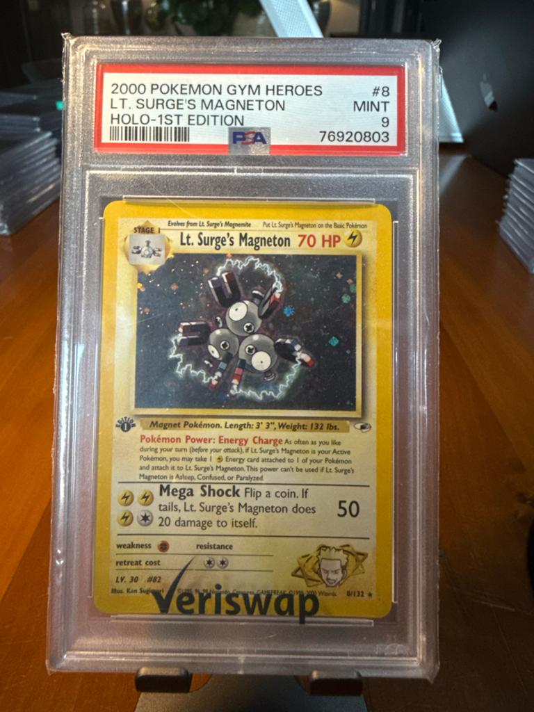 Lt. Surge's Magneton 1st Ed. #8 - Gym Heroes (2000) - PSA 9, Ophalen of Verzenden, Zo goed als nieuw, Losse kaart