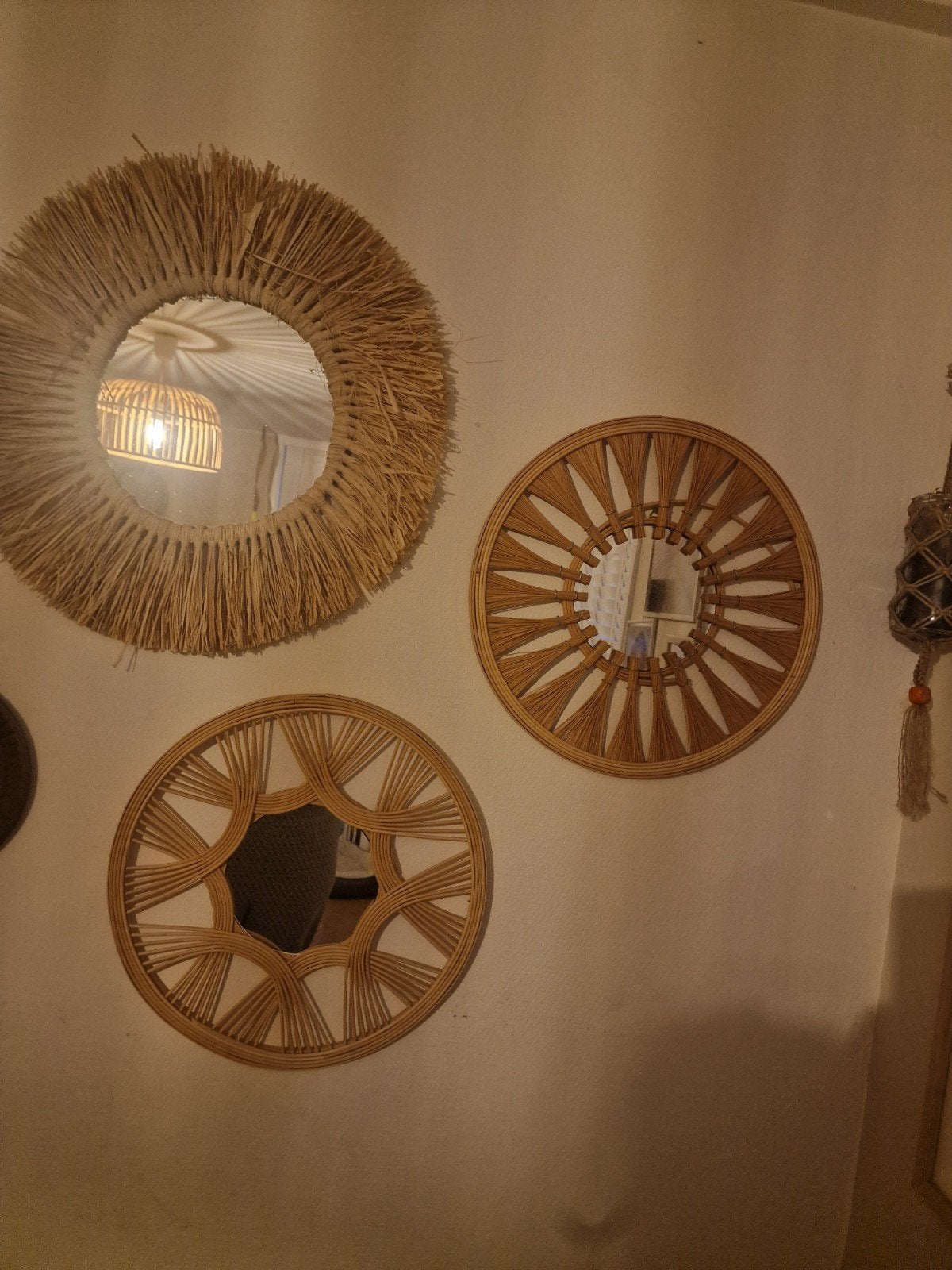 Set van 3 rotan spiegels, boho stijl, Huis en Inrichting, Woonaccessoires | Spiegels, Ophalen of Verzenden, Zo goed als nieuw