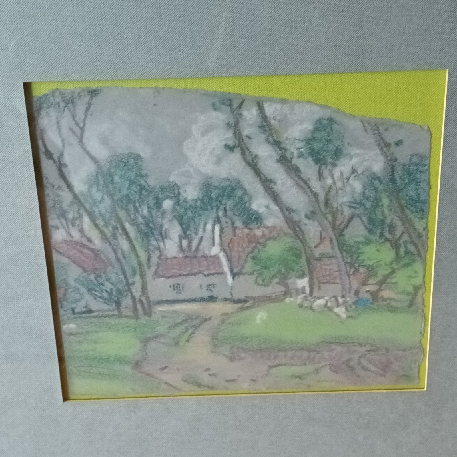 Pastel tekening, hollands boerderij in landschap met schapen, Ophalen of Verzenden