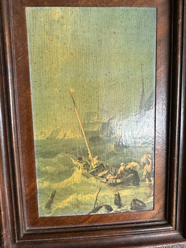 Oud Hollands schilderij: Vissersboten op woelige zee, Oud hollands, Ophalen of Verzenden, Olieverf, Ingelijst