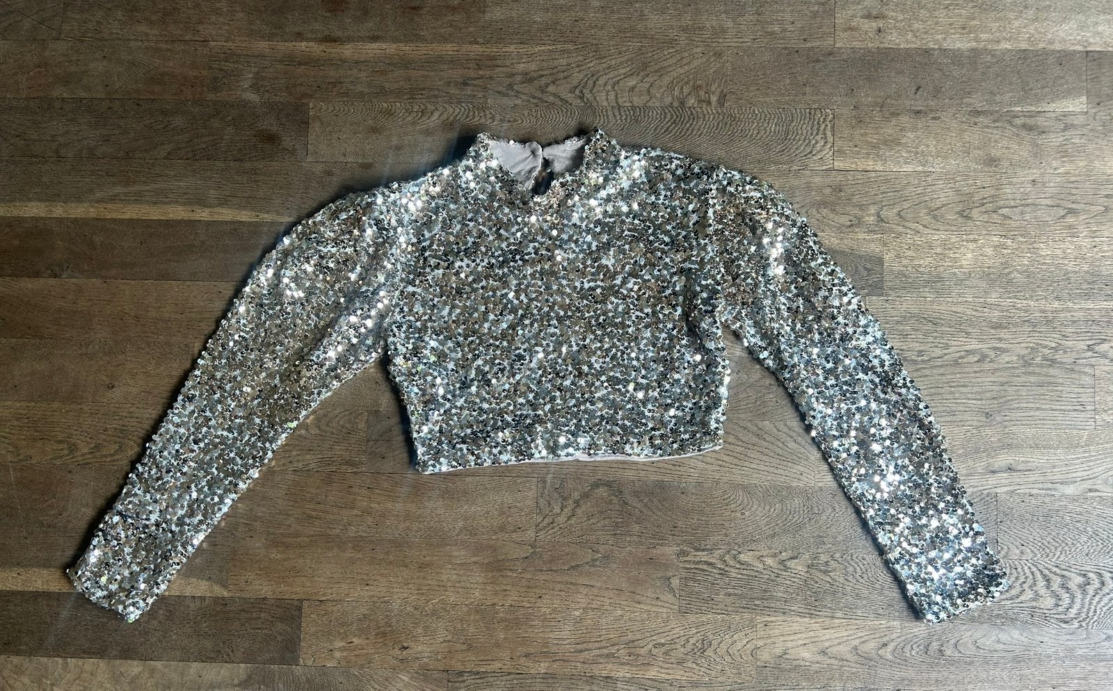 Feestelijke, gouden glitter top/ pailletten maat S, Kleding | Dames, Tops, Ophalen of Verzenden, Zo goed als nieuw, Lange mouw