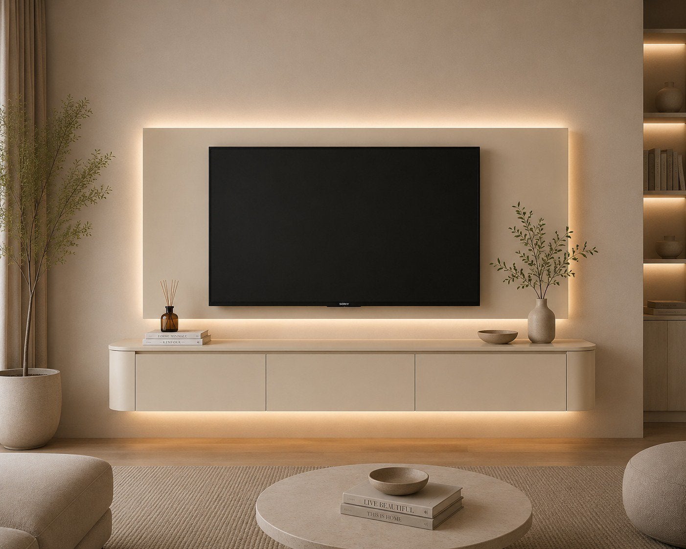 Japandi zwevend Tv meubel (BEIGE-WALNOOT-WALNOOT TRAVERTIN), Ons Meubel, Japandi, 150 tot 200 cm, Eikenhout