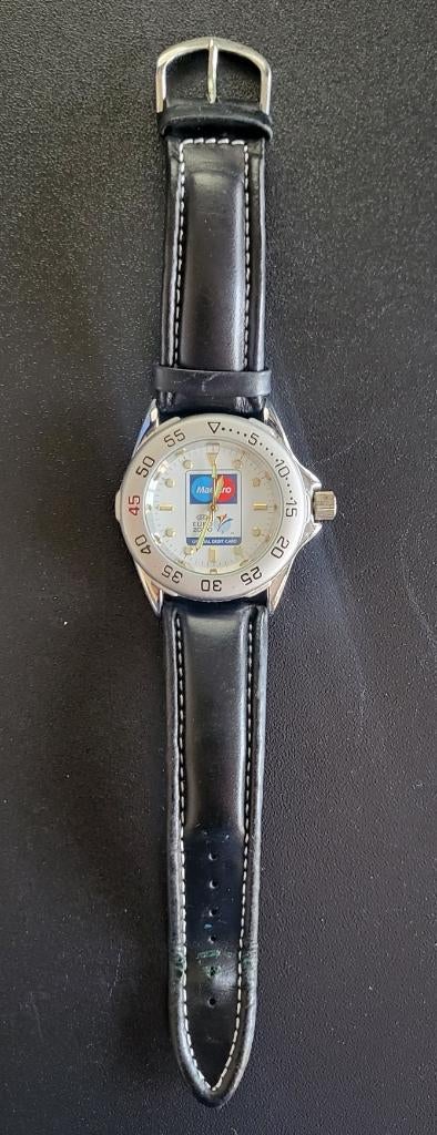 Horloge UEFA Euro 2000 incl. metalen verpakking, Leer, Staal, Polshorloge, Zo goed als nieuw
