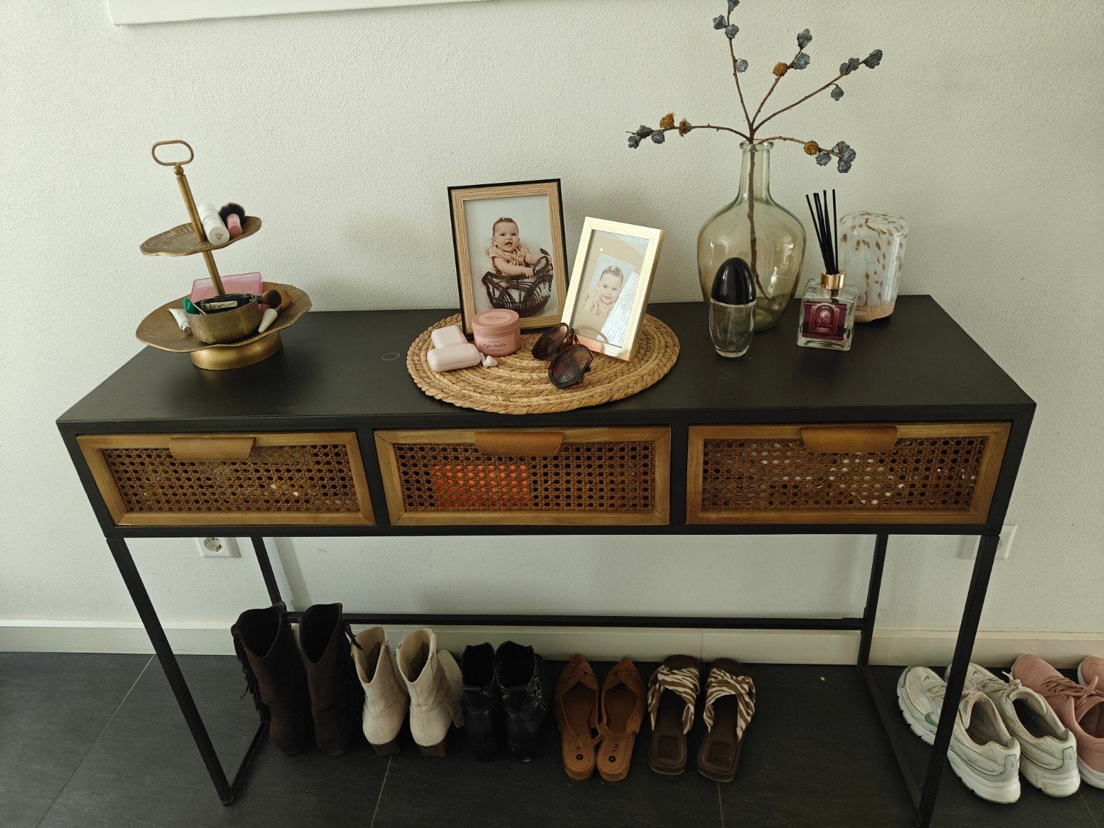 WOOOD Sidetable met webbing lades - Zwart/Hout, Huis en Inrichting, Tafels | Bijzettafels, Gebruikt, 75 cm of meer, 60 cm of meer