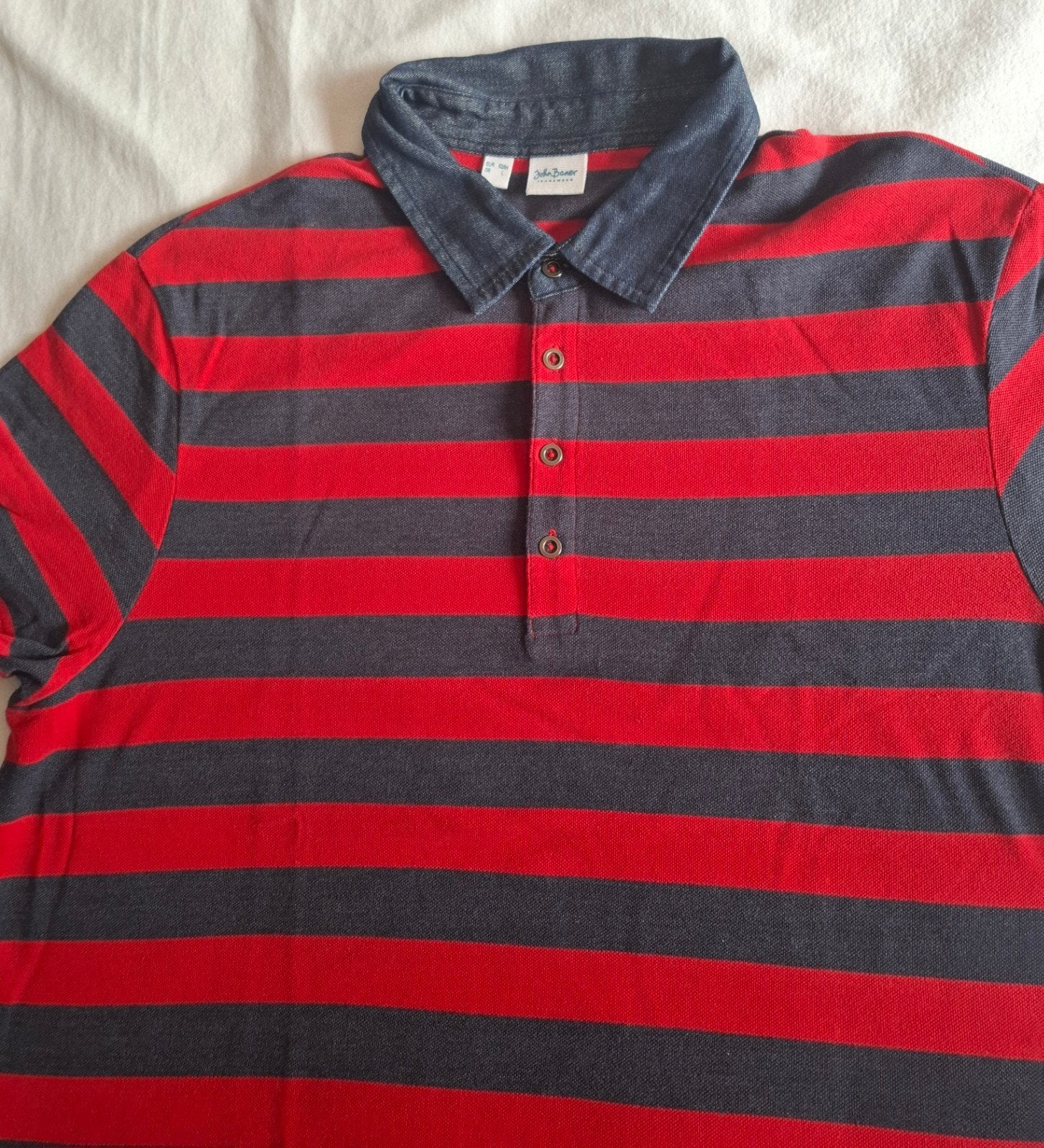John Baner gestreept poloshirt met spijkerstof kraag, Maat 52/54 (L), John Baner, Ophalen of Verzenden, Gedragen
