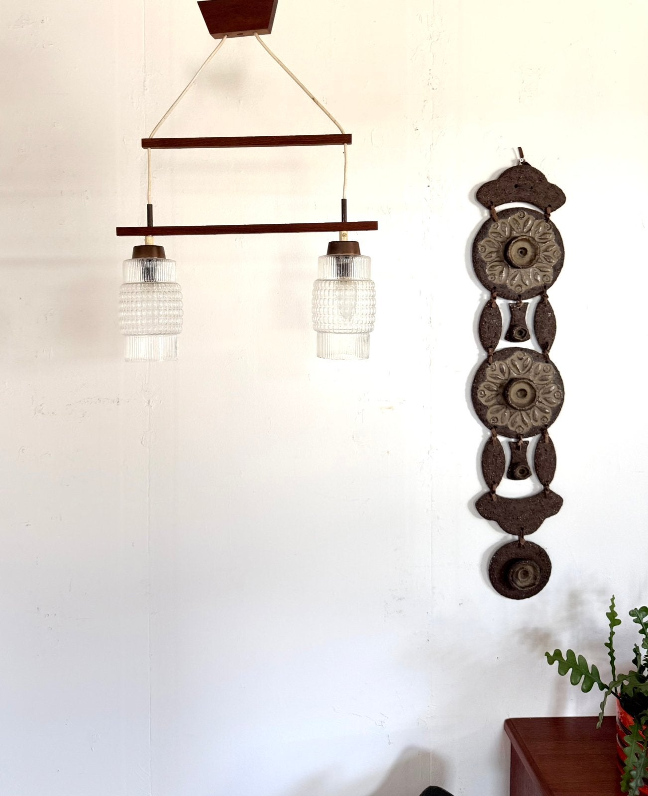 Vintage Deense teakhouten hanglamp ‘60, Huis en Inrichting, Glas, Vintage retro buisframe design rotan webbing papercord deens