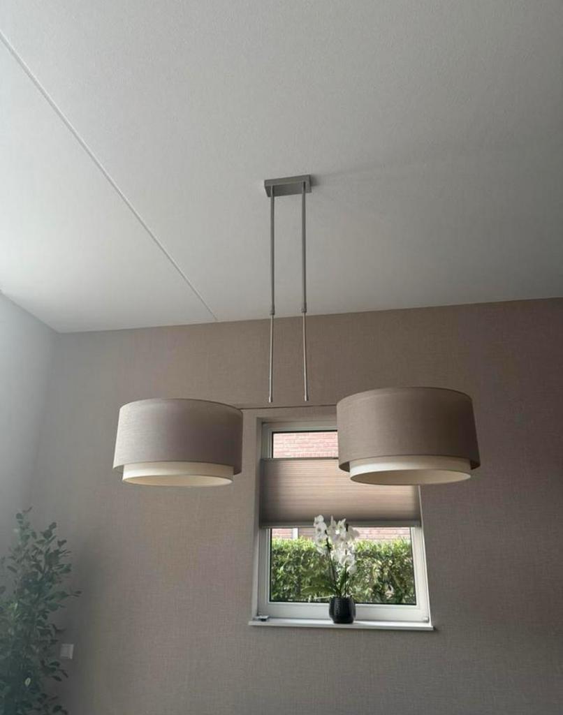 2 bijpassende hanglampen - stof en metaal, Ophalen, Gebruikt, Stof, 75 cm of meer