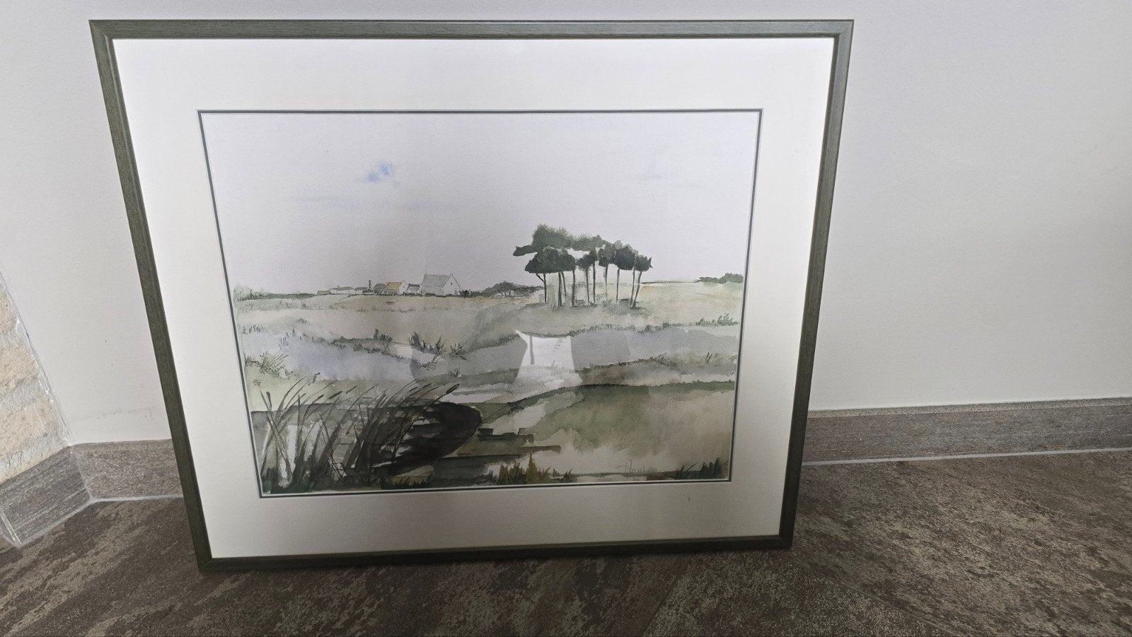 Ingelijste aquarel van landschap met bomen en water, Ophalen of Verzenden