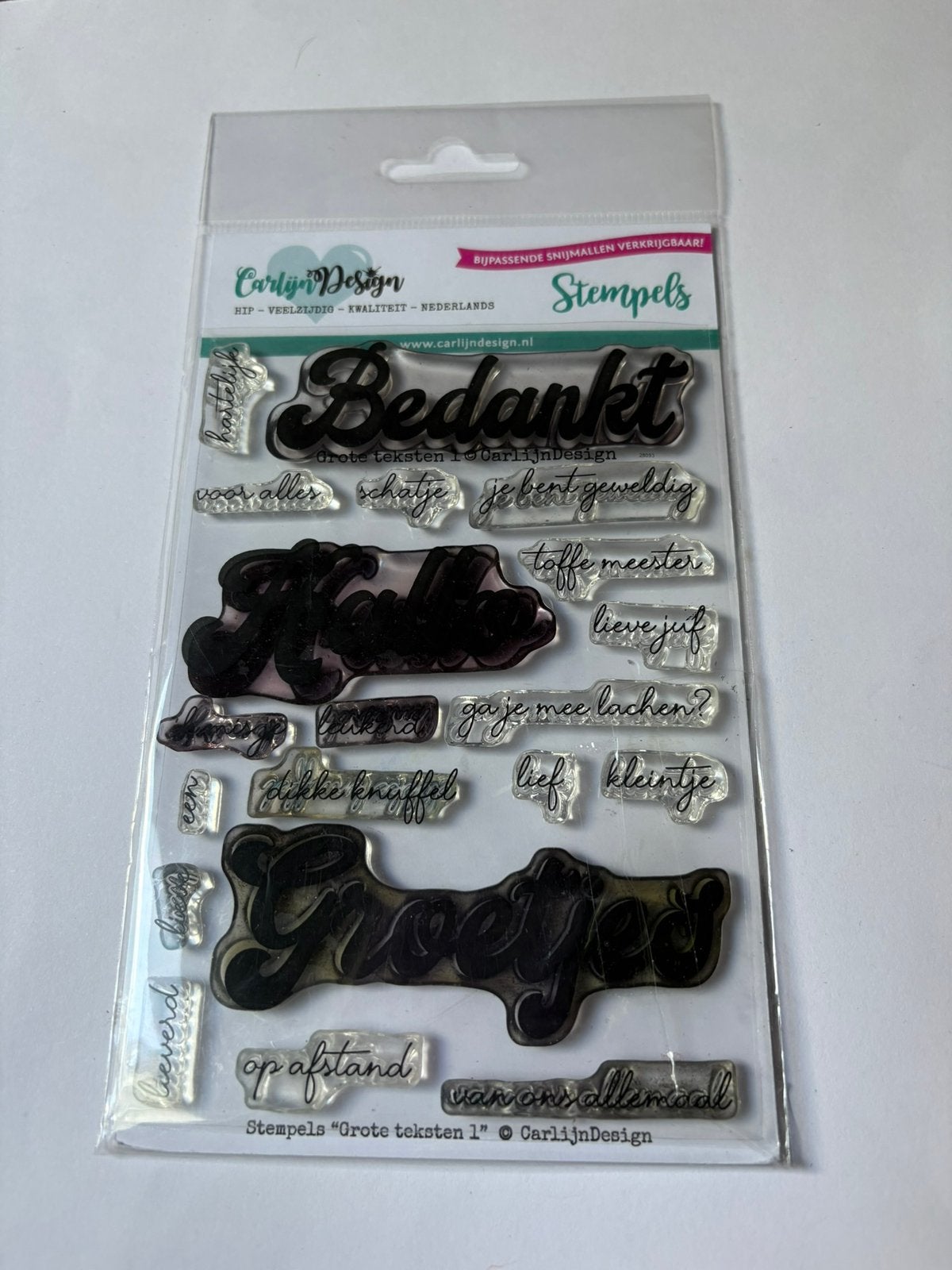 Carlijn design stempelset bedankt, hallo , groetjes, Ophalen of Verzenden, Zo goed als nieuw, Clearstamp