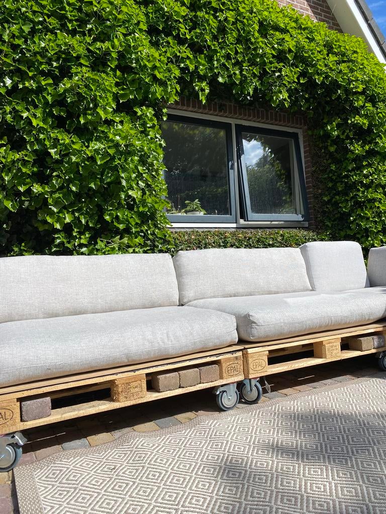 4 Palletkussensens €100,- prs het merk heet Morini, Tuin en Terras, Tuinstoelen, Zo goed als nieuw, Textileen, Ophalen