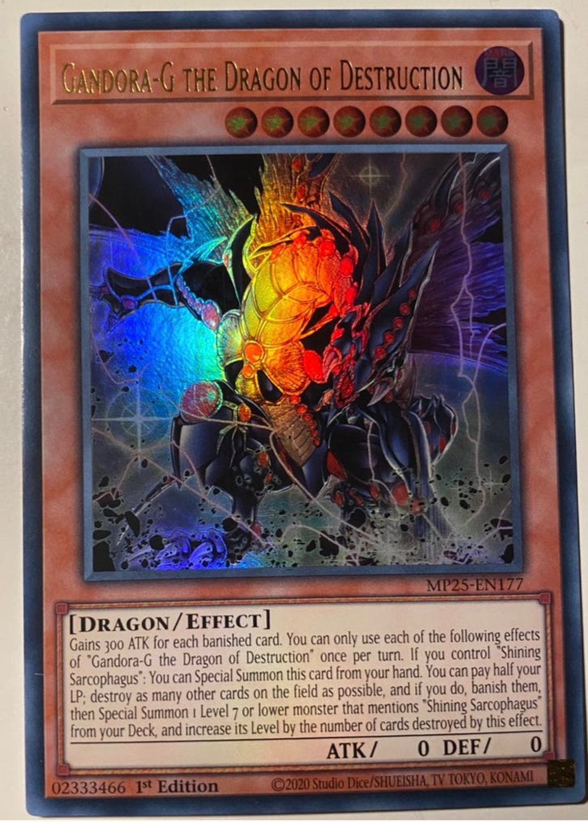 Yu-Gi-Oh! Gandora-G the Dragon of Destruction MP25 1st !, Ophalen of Verzenden, Zo goed als nieuw, Losse kaart, Foil