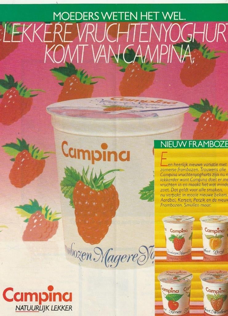 Retro reclame 1982 Campina zuivel frambozen & kersen yoghurt, Verzamelen, Retro, Overige typen, Verzenden