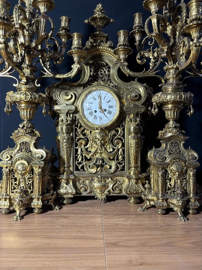 (91) GROTE Antieke Frans Bronzen Regency Klok + Kandelaren, Ophalen of Verzenden