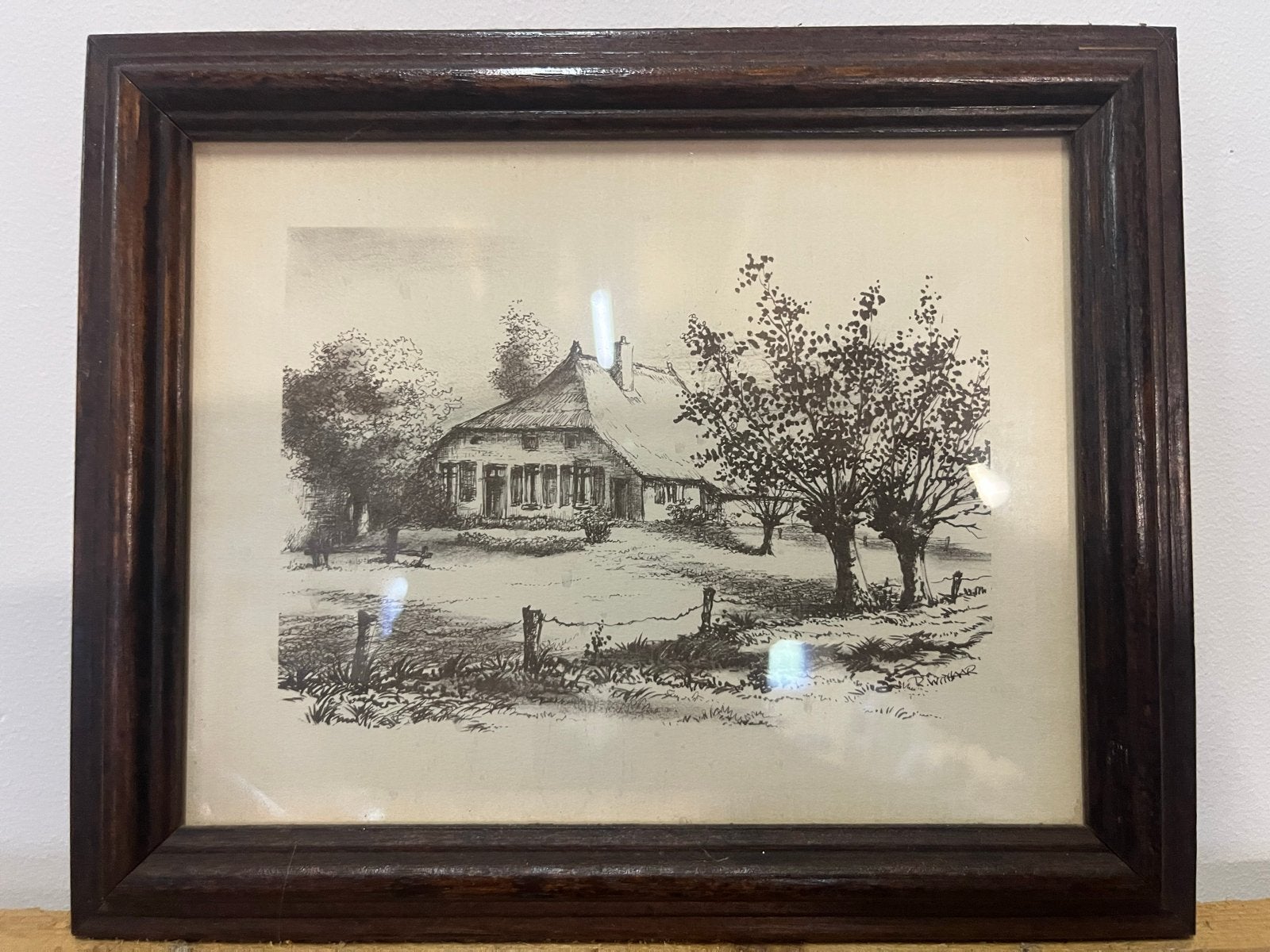 Ingelijste tekening van een boerderij, 22x18 cm, Antiek en Kunst, Ophalen, Tekening, Pentekening, Achter glas