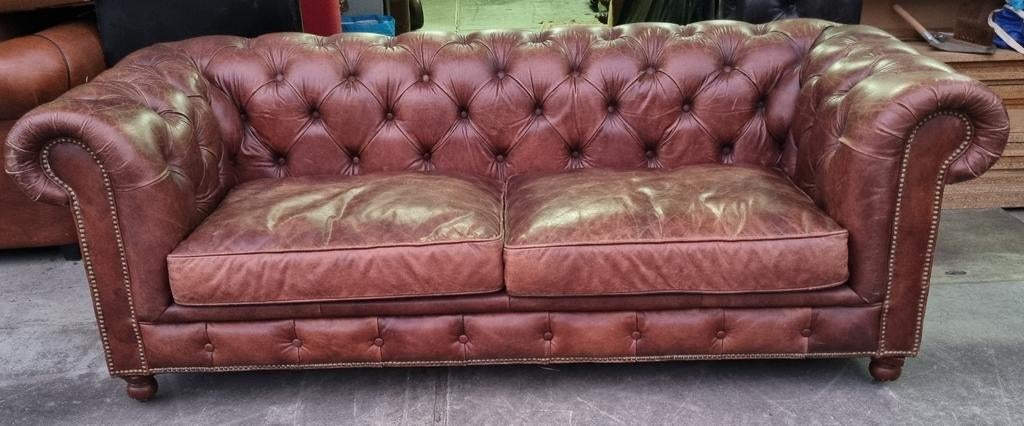 Vintage Chesterfield bank cigar brown leer + BEZORGING, Huis en Inrichting, Gebruikt, Chesterfield, Ophalen of Verzenden, Rechte bank