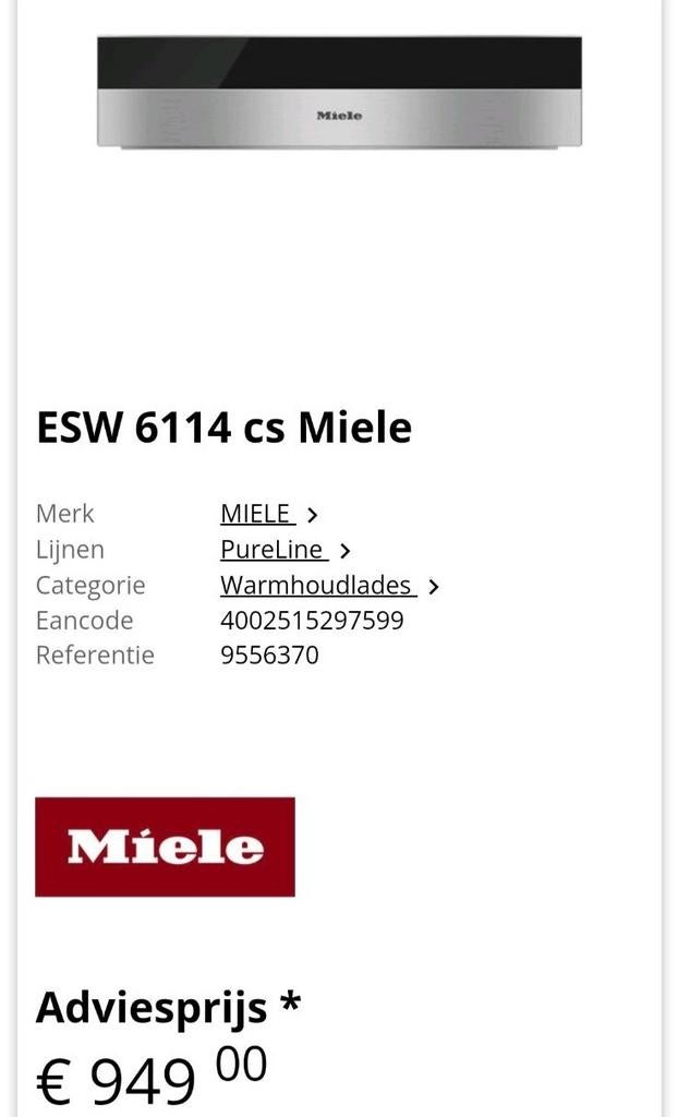 Miele gourmet warmhoudlade ESW 6114 CS, Ophalen of Verzenden, Zo goed als nieuw