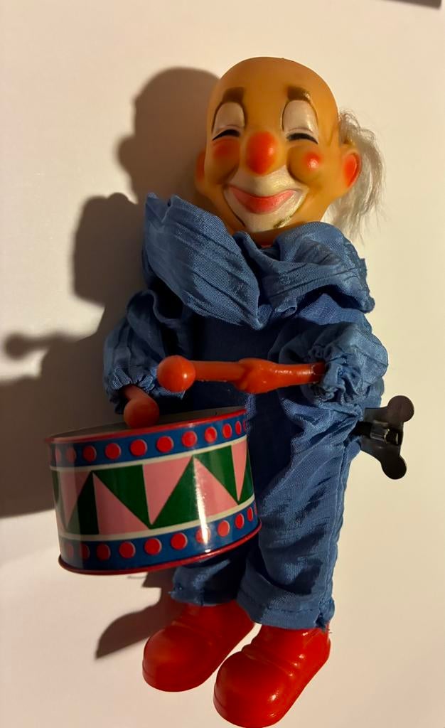 Vintage opwind clowntje met trommel., Verzamelen, Speelgoed, Ophalen of Verzenden, Gebruikt